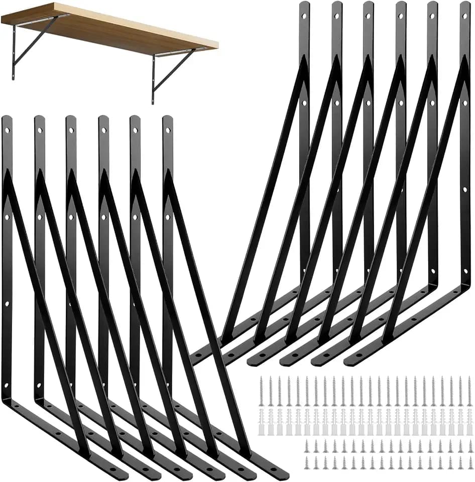 12 Stück Regalhalterung 400 X 250 mm, Schwarz Metall Regalwinkel, Schwerlastwinkel für DIY Halterung,Wand Klapptisch Wandmontage, Werkbank, Lagerregal