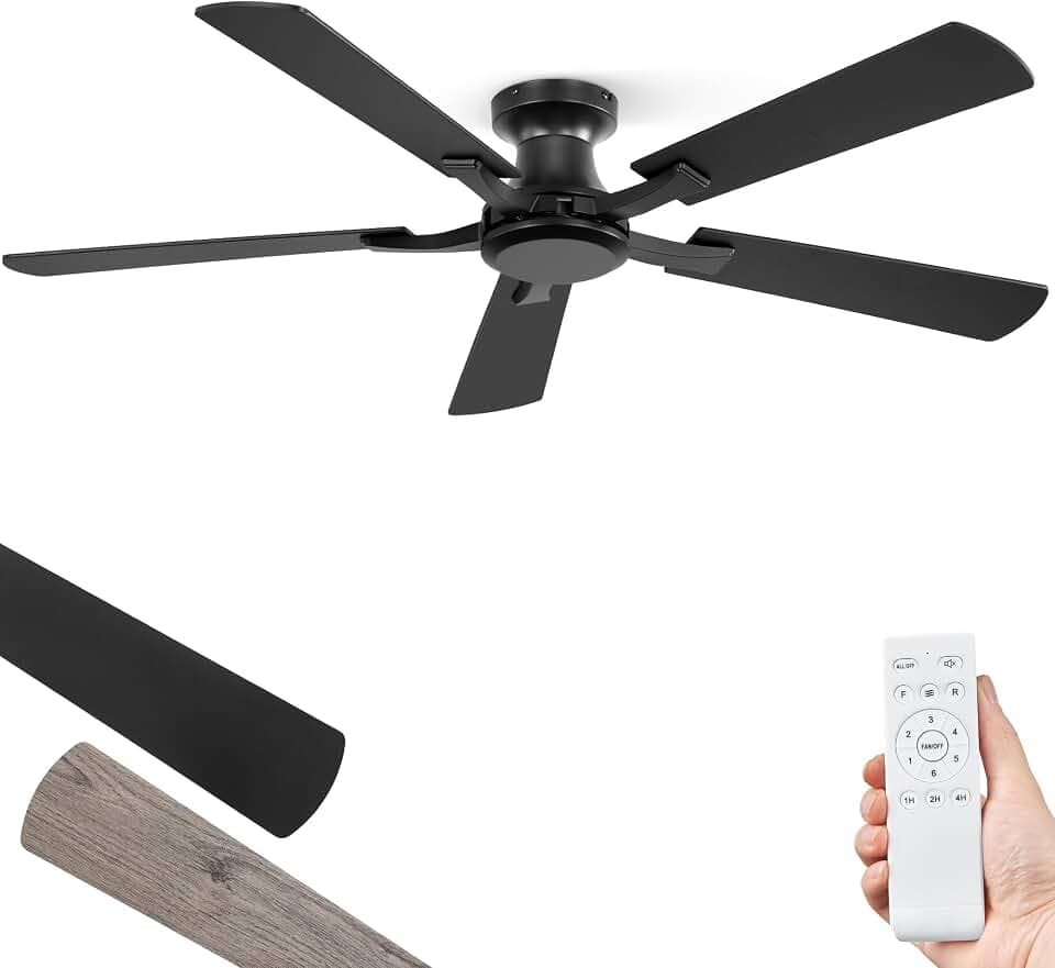 ZMISHIBO 52 Inch Ceiling Fan No Light, Flush Mount Low Profile, Black