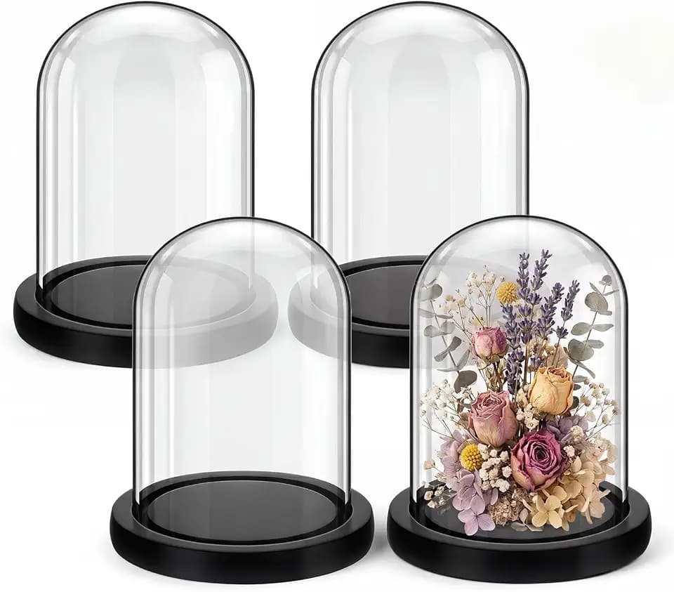 Suclain 4Pc Glass Dome Cloche with Wood Base, Black, 5.1" X 3.8"