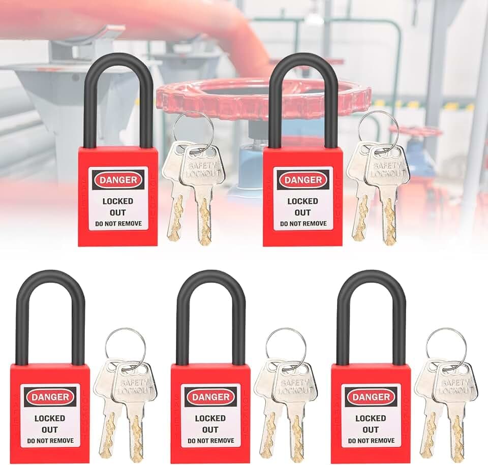 5-Set Lockout-Tagout-Schlösser mit je 2 Schlüsseln – Robuste 40mm Sicherheitsvorhängeschlösser aus Nylon für Lock-Out-Tag-Out Verfahren. Ideal als gleichschließendes Lockout-Tagout-Set 10 Schlössern