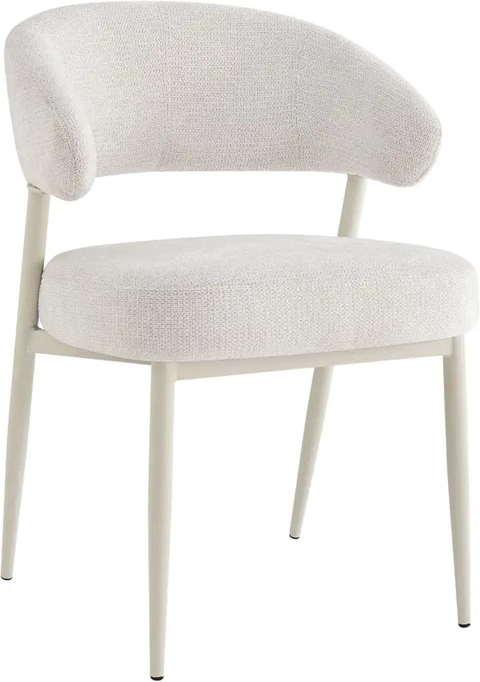 Hela Tische, Esszimmerstuhl Polsterstuhl Guarda, Webstoff Beige, 4-Fuß Gestell Perlweiß, Komfortsitz Federkorb, Rücken mit Ausschnitt, 120kg belastbar