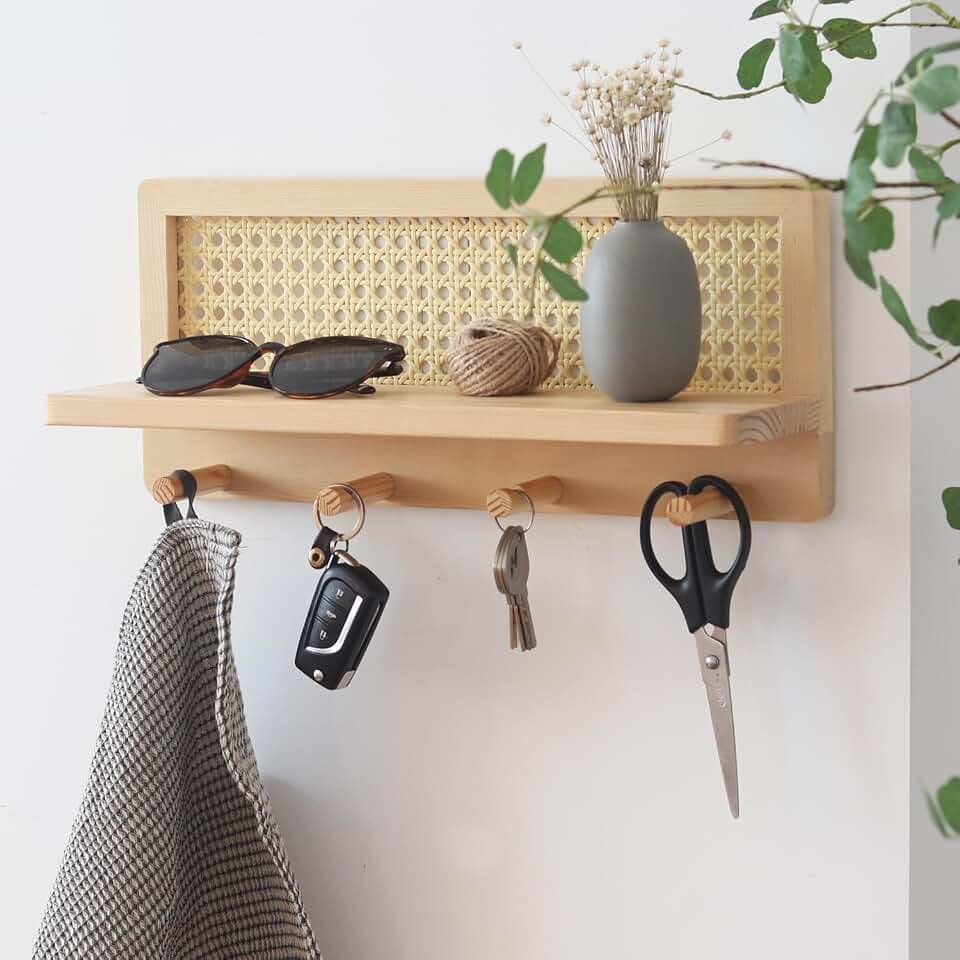 Schlüsselhalter für Wand, Schlüsselbrett aus Holz mit 5 Haken und Schlüsselbretter mit Post-Organizer, geeignet für Eingang, Wohnzimmer, Flur, Büro, Küche (Natürliche Holzfarbe)