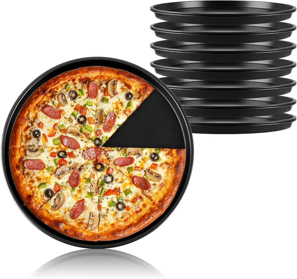 APACALI 8 Stück Pizzablech Rund 28 cm, edelstahl pizzaform mit Antihaftbeschichtung, Schwarz Pizzateller, Pizza Backblech, Kuchenblech Rund für für Pizza Käsekuchen Pie Flammkuchen