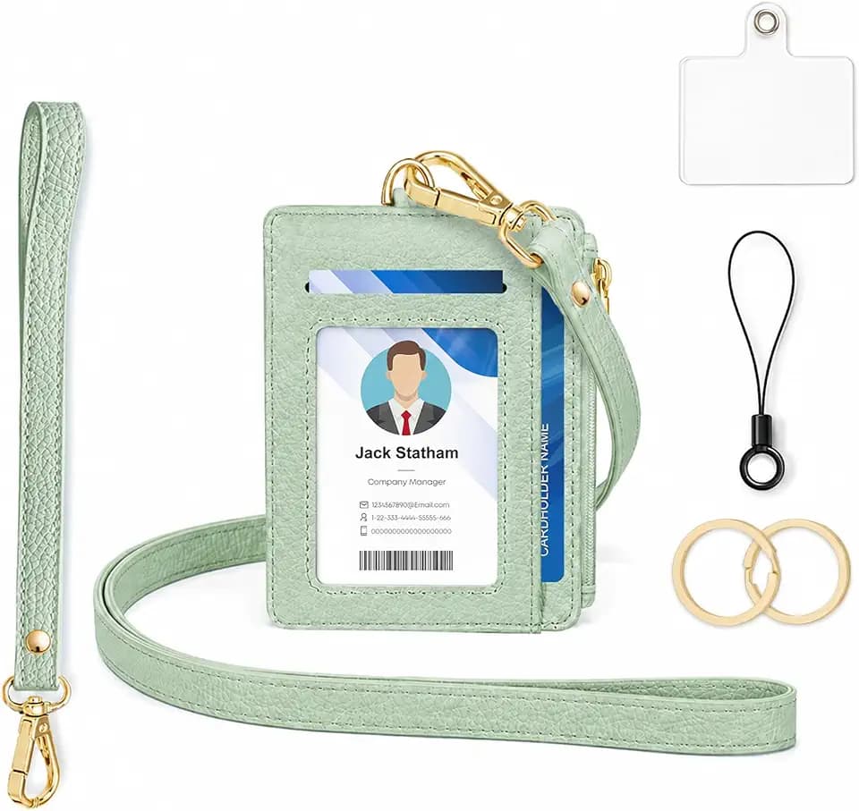Leather ID Badge Holder & Lanyard Wallet Green