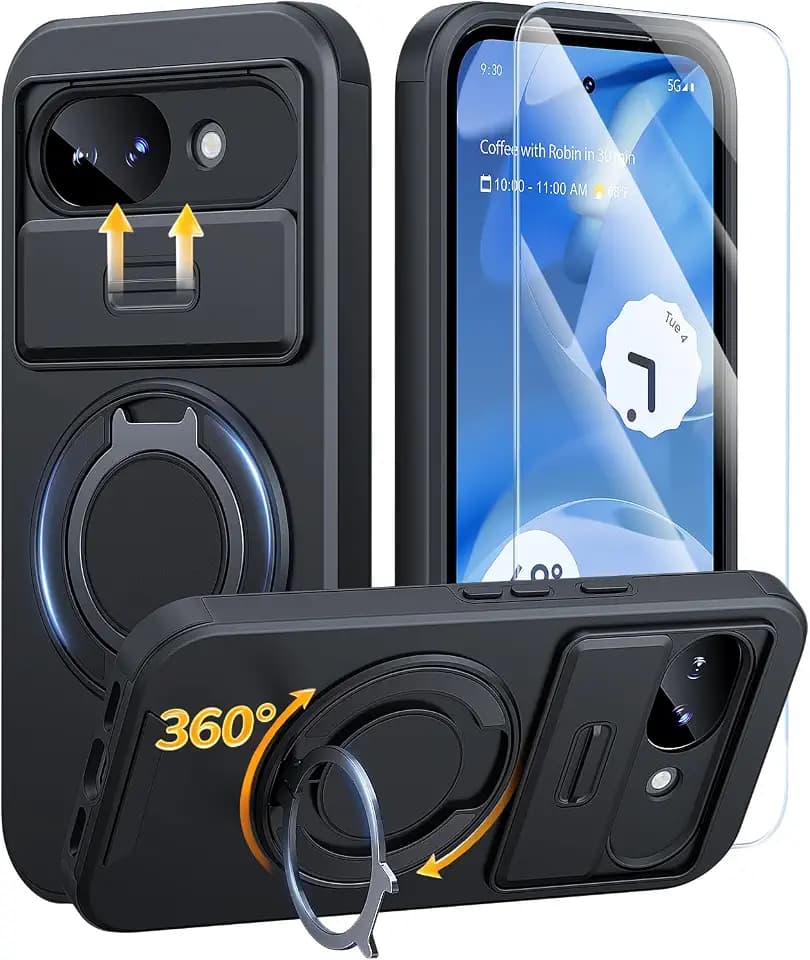 JAME for Google Pixel 10A Case with Ring Stand & Slide Camera Cover Black
