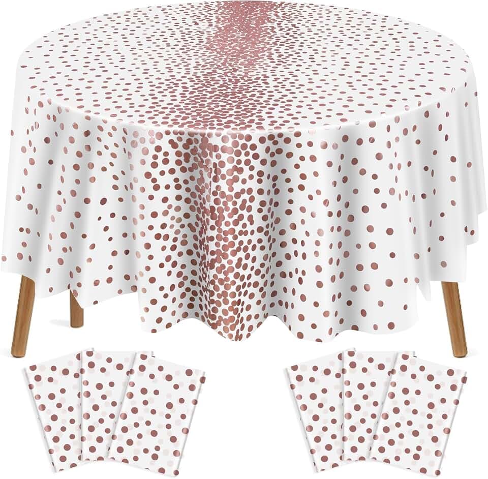 VitalCozy 6 Pcs Round Dot Tablecloth 84 Inch Plastic, White,Rose Gold