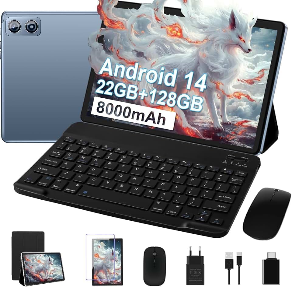 Tablet 10 Zoll Android 14, 22GB + 128GB ROM/TF 2TB, mit Tastatur - Grau