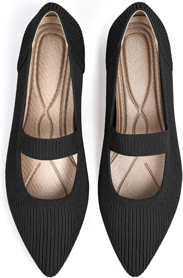 TINGRISE Women's Flats Shoes Pointed Toe Knit Washable Ballet Comfortable Dressy Mary Jane Flat
