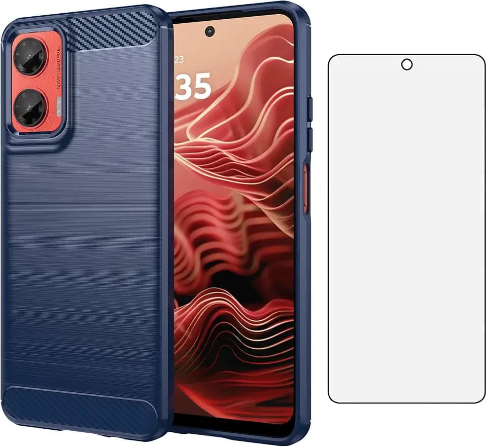 Asuwish Phone Case for Moto G35 5G 2024 with Tempered Glass Screen Protector Cover and Cell Accessories Silicone Slim Soft TPU Protective Motorola G 35 35G MotoG35 G5 Women Men Carbon Fiber Navy Blue