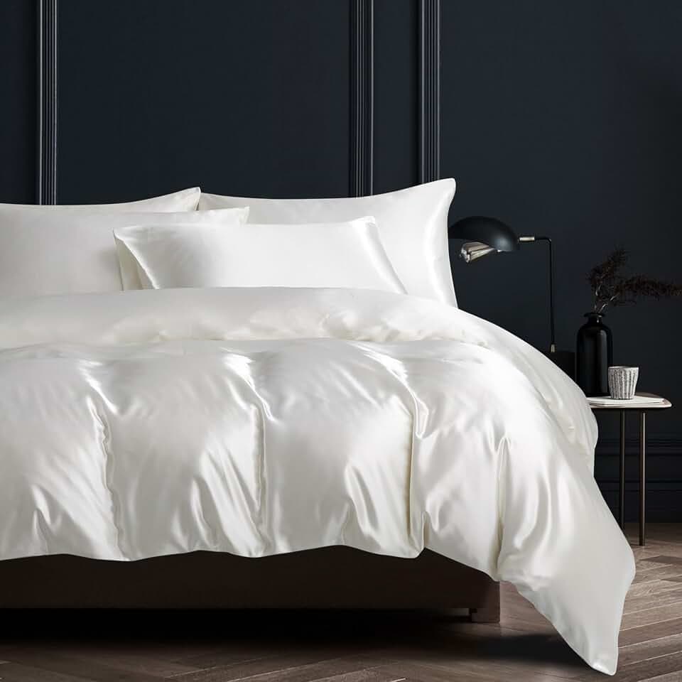 Bettbezug, Satin, 240 x 260 cm, Weiß, einfarbig, glänzend, Deluxe, Bettwäsche, weich, seidig, Seide, Bettwäsche für Doppelbett, Erwachsene, mit Reißverschluss und Kissenbezügen, 65 x 65 cm