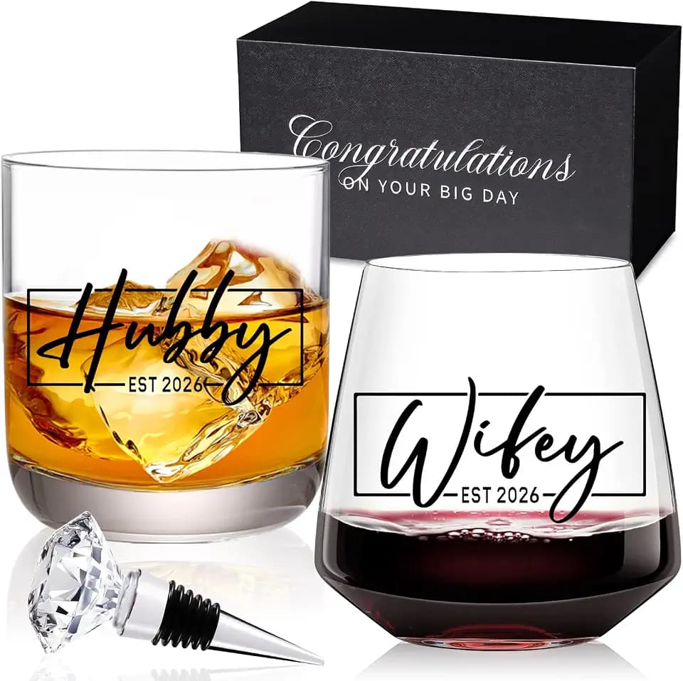 comfit Wedding Gifts for Couples 2026,Bridal Shower Gifts, His and Hers Gift,Whiskey Wine Glasses with Diamond Wine Stopper Set，Anniversary Christmas Gift for Couples，Hubby and Wifey