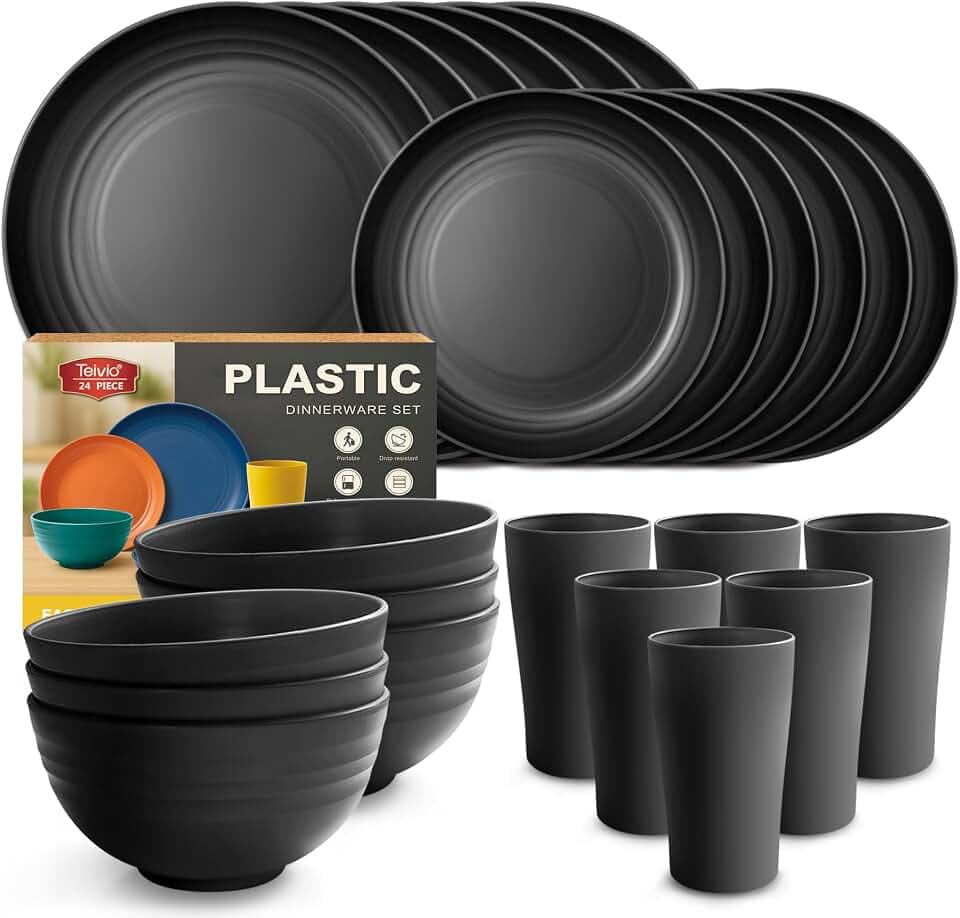 Teivio 24-teiliges Küchenset aus Kunststoff, Service für 6, Speiseteller, Dessertteller, Müslischalen, Tassen, unzerbrechliche Kunststoffteller und Schalen Set, Outdoor-Campinggeschirr, Schwarz