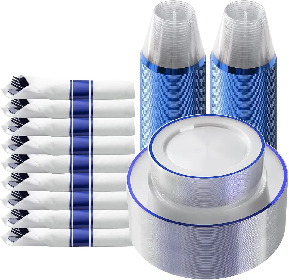 Goodluck 175 Pcs Clear Blue Plastic Plates Disposable for Party 25 Guests