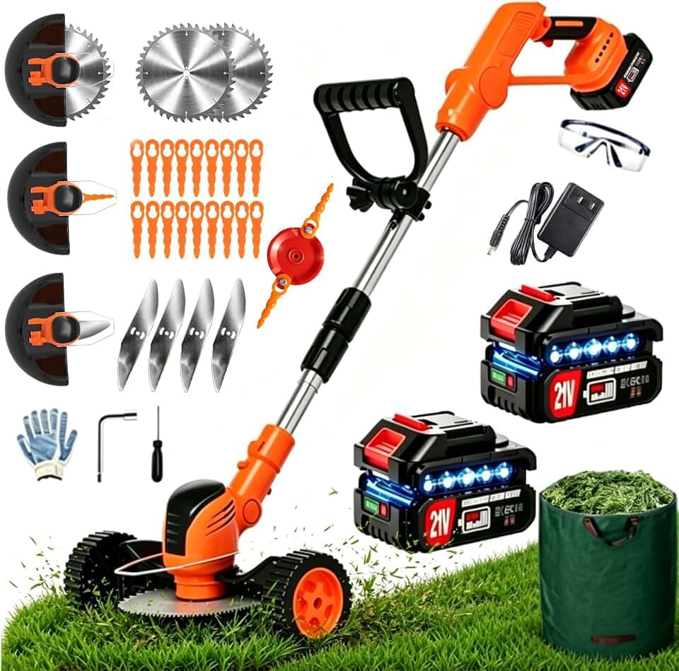Cordles Weed Wacker, 21V Electric Weed Eater Battery Powered, No String Trimmer with Wheels & Metal Blades, Lightweight Grass Trimmer/Lawn Edger/Brush Cutter, Stringless Weed Trimmer for Yard Garden