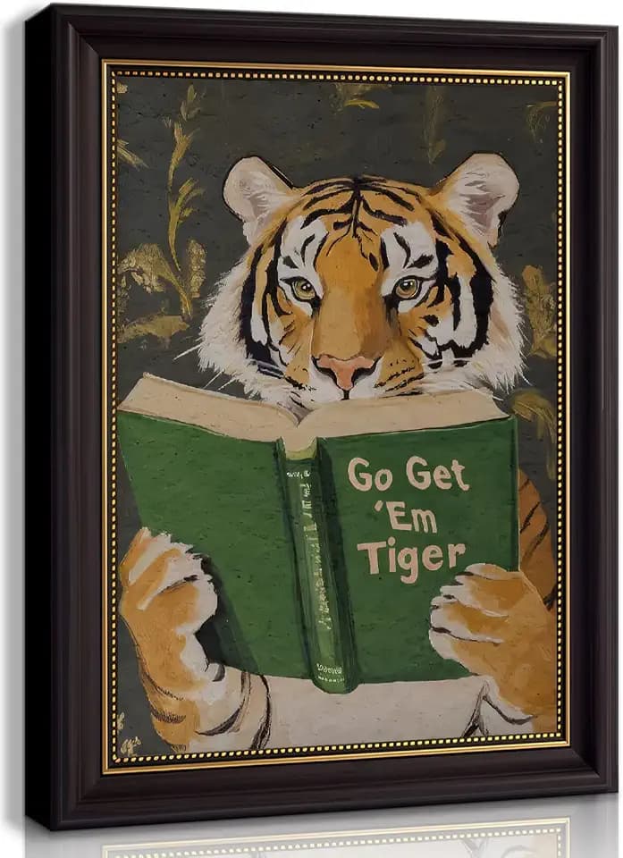 Vintage Framed Wall Art Motivational Tiger Go Get’Em Tiger Animal Reading Painting Picture Wall Decor Humorous Bookworm Poster Print Artwork for Library Office Or Study Home Decoration
