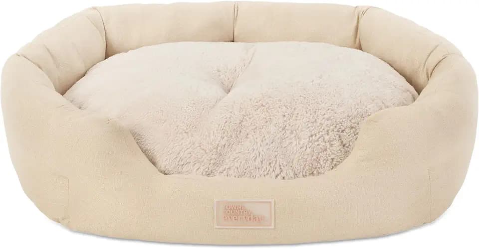 Town & Country Everyday CuddleTown Faux Linen Comfy Cozy Cuddler Pet Bed, Supportive & Calming Egg Crate Foam, Non-Slip Bottom, Machine Washable Cover, Beige, Medium 28"x26"x8"