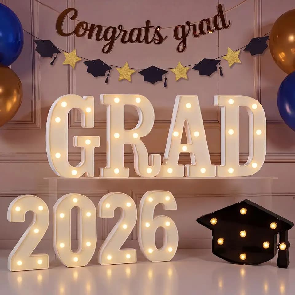 Duraaamo 2026 Graduation Decorations, LED Marquee Light up Letters "GRAD 2026", Graduation Cap Garland Banner with Star, Cap Light Sign for Class of 2026 Party Supplies Table Wall Decor