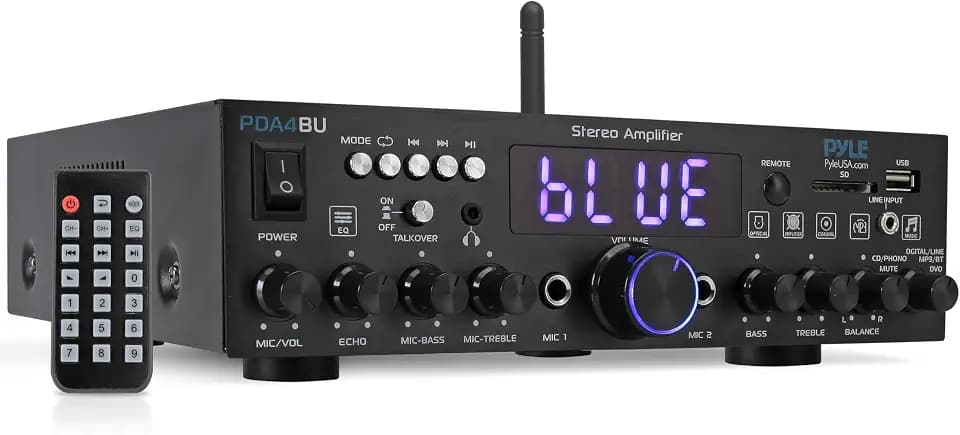 Wireless Bluetooth Home Stereo Amplifier - Multi-Channel 200W Power Amplifier Home Audio Receiver System w/Optical/Phono/Coaxial, FM Radio, USB/SD,AUX,RCA, Mic in - Antenna, Remote - Pyle PDA4BU