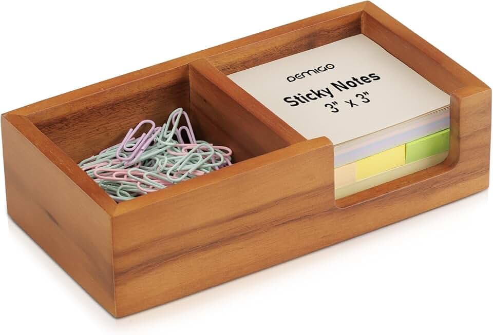 Demigo Acacia Wood Sticky Note Holder, 3x3 in Note Organizer, 2-Compartment