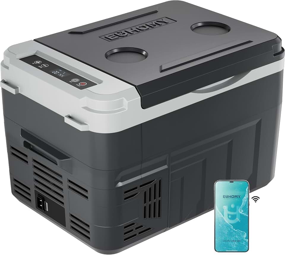 EUHOMY Kompressor Kühlbox 15L, Kühlbox Auto mit APP-Steuerung, -20℃~20℃, Tragbarer Kühlschrank 12/24V DC 100-240V AC, Tragbarer Gefrierschrank für Camping, Reisen, Boot, Dunkelgrau
