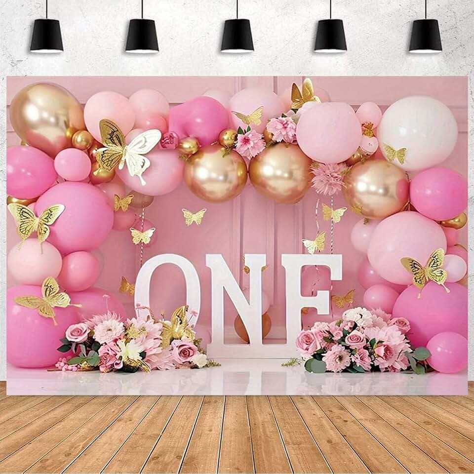 First Birthday Backdrop Wonderland Flowers Butterfly Balloons Backdrop for Girl 1st One Year Old, Red, 7x5ft