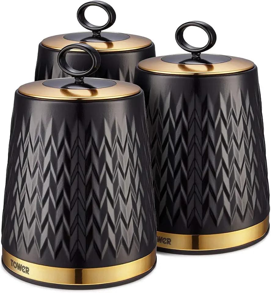 Tower T826091BLK Empire Vorratsdosen Set mit 3 Vorratsdosen für Tee, Kaffee, Zucker, 1,3 l, Schwarz und Messing