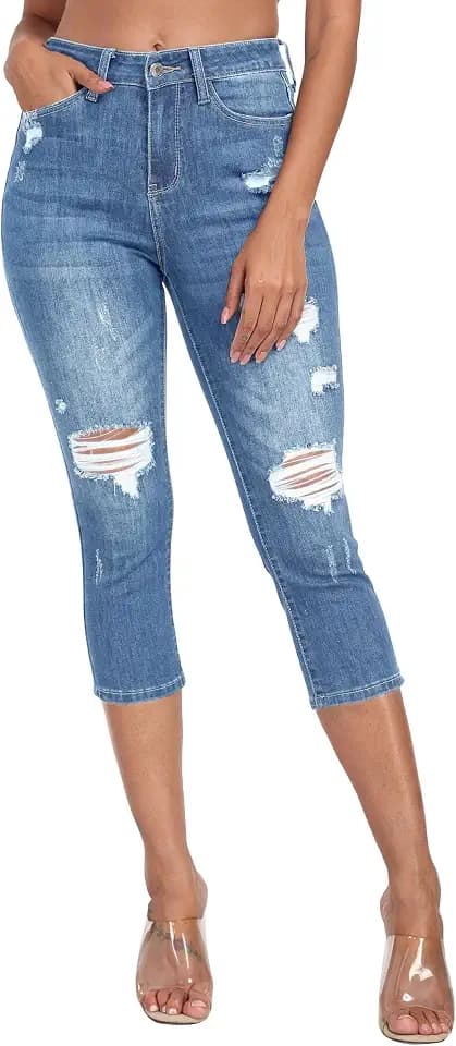 WAYRUNZ Women's High Rise Skinny Ripped Stretchy Cropped Distressed Jeans Capri Pants