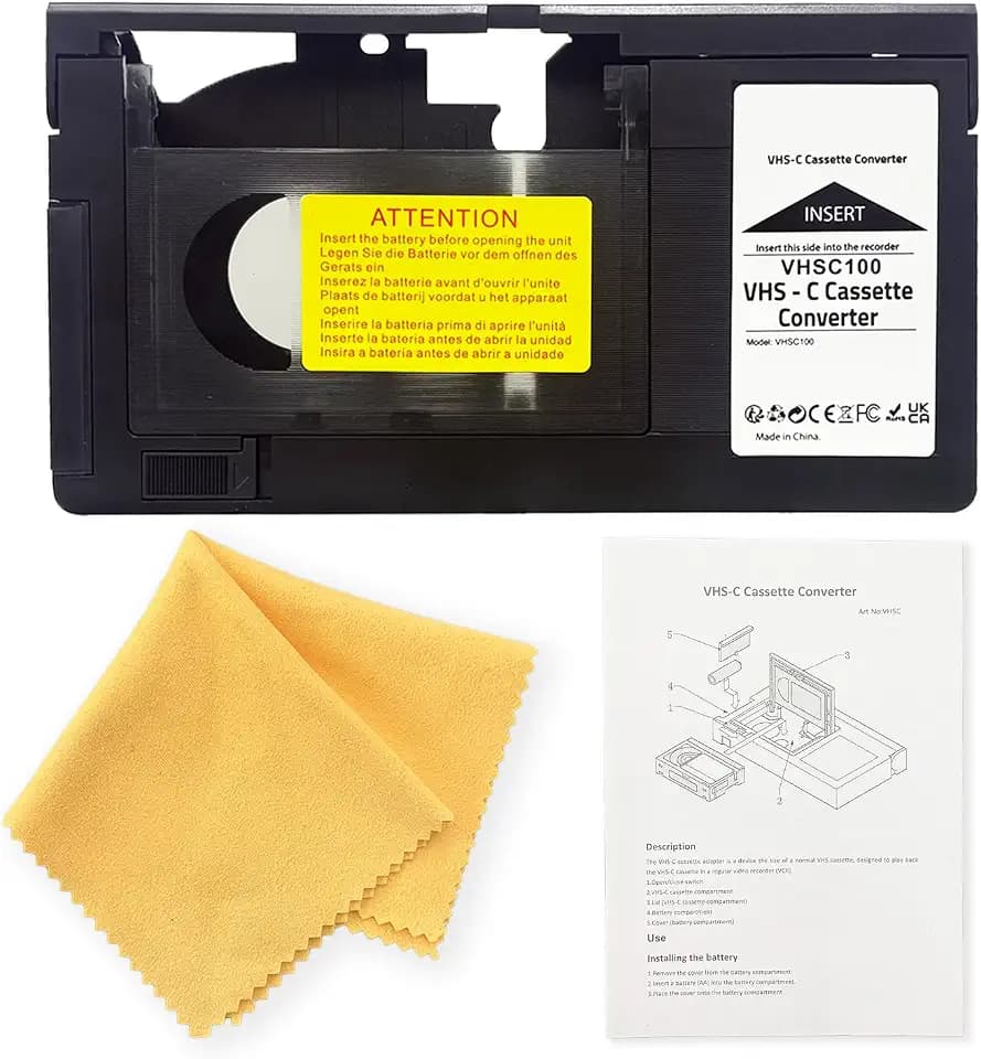 Motorized VHS-C to VHS Cassette Adapter - Ideal for VCR Player, VHS Tape for Camcorder to Digital Converting（Not Compatible with 8mm/Minidv/Hi8） with Yellow Lens Clean Cloth