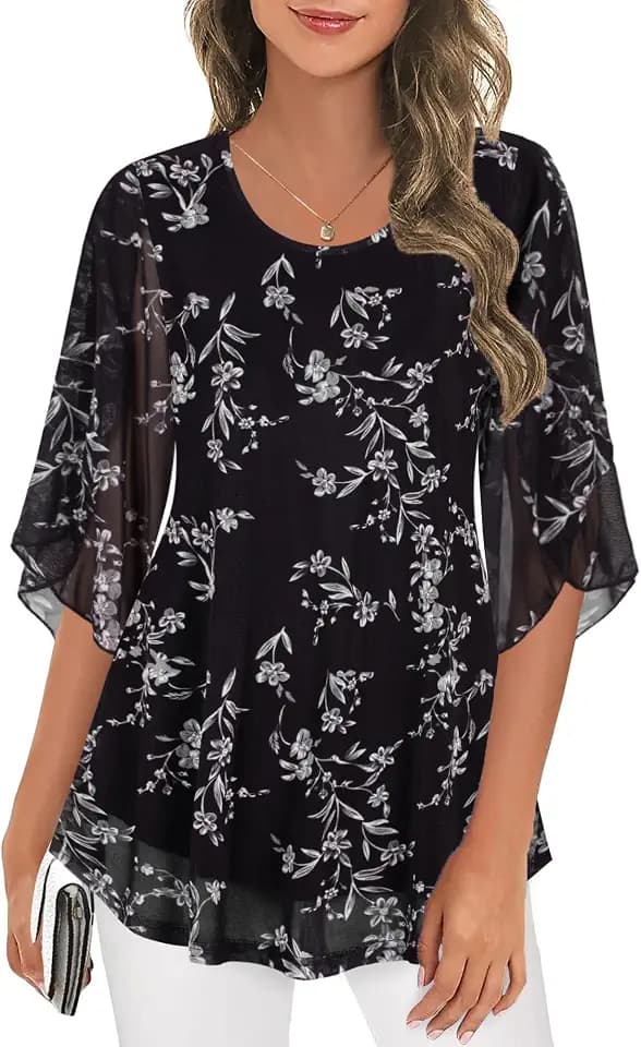 Ninedaily Women's Tops 3/4 Sleeve Blouses Dressy Casual Mesh Tunic Shirts