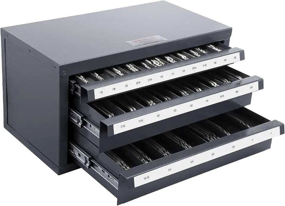 VEVOR Schaftfräser-Spenderschrank, Schaftfräser-Organizer-Schrank mit drei Schubladen für 1/8" bis 1", Stahl-Schaftfräser-Spender-Organizer-Schrank mit Etiketten, Stapelbar mit 29 Fächern