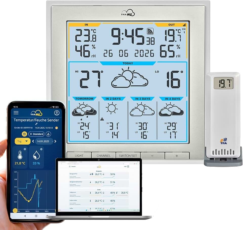 TFA Dostmann WLAN Wetterstation TFA.me ID-08, 35.8105.02, Profi-Wettervorhersage durch wetter.com 5 Tage, Online-Portal, inkl Außensensor Funk, Max-Min-Werte, Warnfunktion, weltweit, weiß