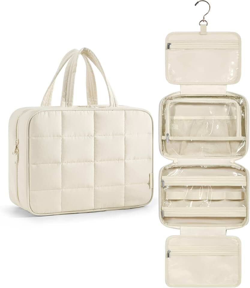 BAGSMART Travel Toiletry Bag with Jewelry Organizer, Hanging Travel Bag for Toiletries, Puffy Makeup Cosmetic Bag Organizer, Carry-on Travel Accessories Essentials, Beige-M