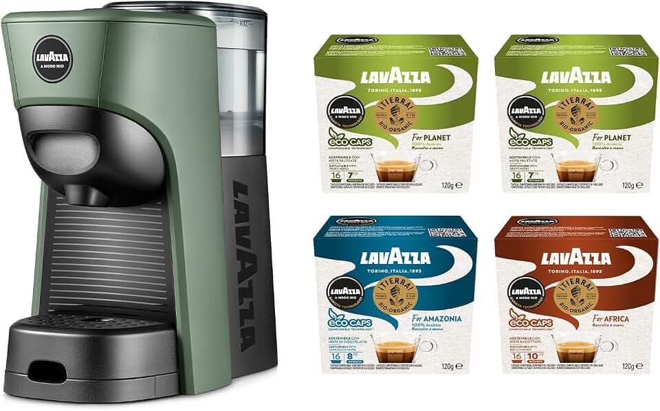 Lavazza, A Modo Mio Tiny Eco Green Kaffeemaschine mit 64 sortierten Kapseln, Espressomaschine aus recyceltem Kunststoff, 1450 W, 220-240 V, 50/60 Hz, 0,6 Liter
