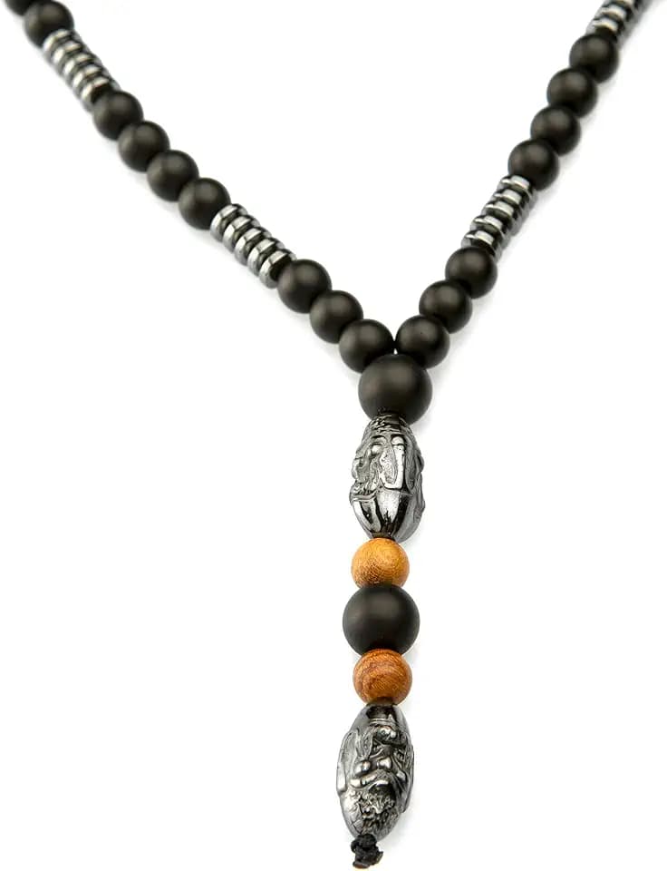 Halskette Tibetische für Männer oder Frauen mit Hämatitstücken Anhänger Rosenkranz im Budha-Stil aus Mattem Onyx und 6 mm Tigerauge sowie Energiegeladene Hämatitstücke
