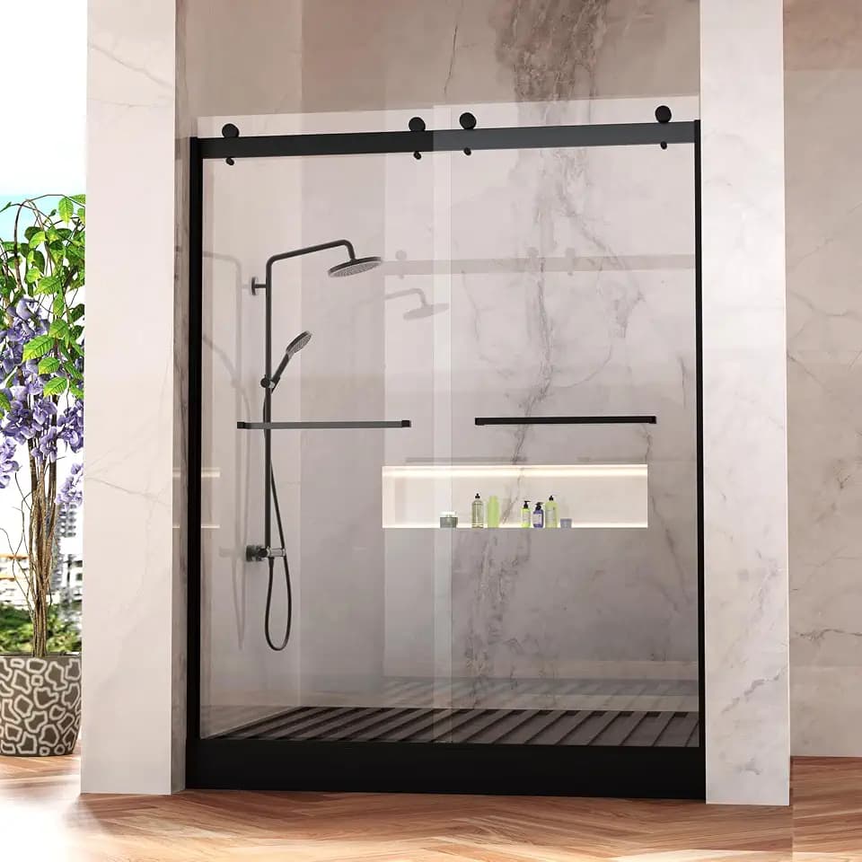 Frameless Shower Door, 5/16" (8mm) Clear Tempered Glass Shower Door, 56-60" W x 74" H, Quiet Soft-Close, Reversible Installation, SGCC Certified (Matte Black-Double Sliding Style A, 60" W x 74" H)