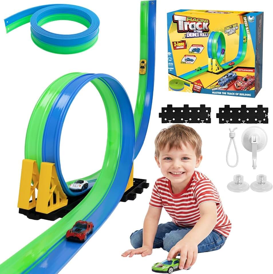 Flexible Autorennbahn Kinder 4.5M, Doppelspur Rennstrecke Tragbare Rennbahn mit 4 Autos,Rennwagen Auto Rennspiel Spielzeug Indoor Outdoor,Geschenke für Jungen Mädchen ab 3 Jahren (Blau&Grün)