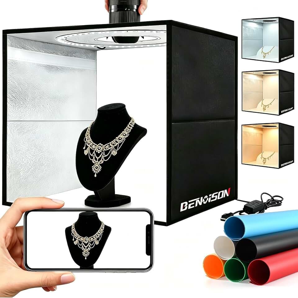 BENOISON Light Box Photography 16"x16" Portable Shooting Tent with 120 LEDs & 6 Backdrops for Jewelry Watches Cosmetics Food Photography