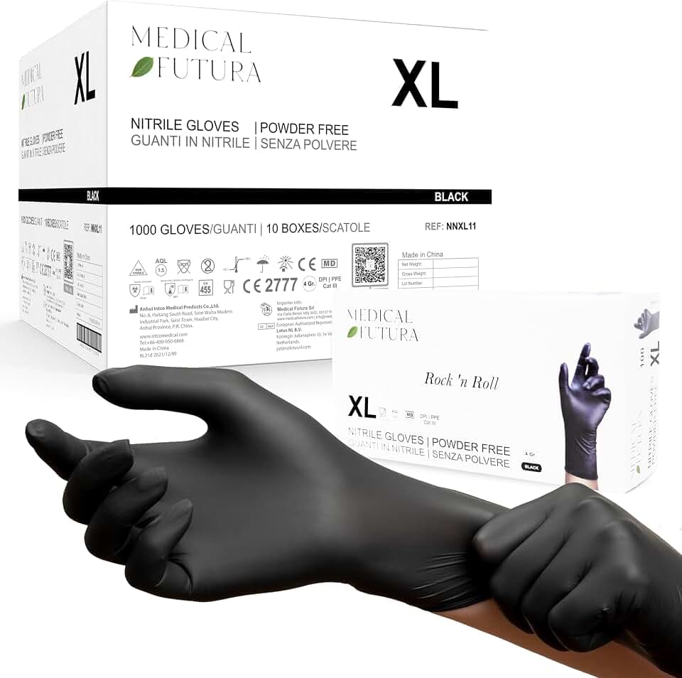 1000 Nitrilhandschuhe XL Schwarz Einweghandschuhe Anallergisch 4.5g, Puderfrei, Latexfrei, Für Kosmetiker, Tätowierer, Werkstätten, Lebensmittelverarbeitung (XL, Schwarz)