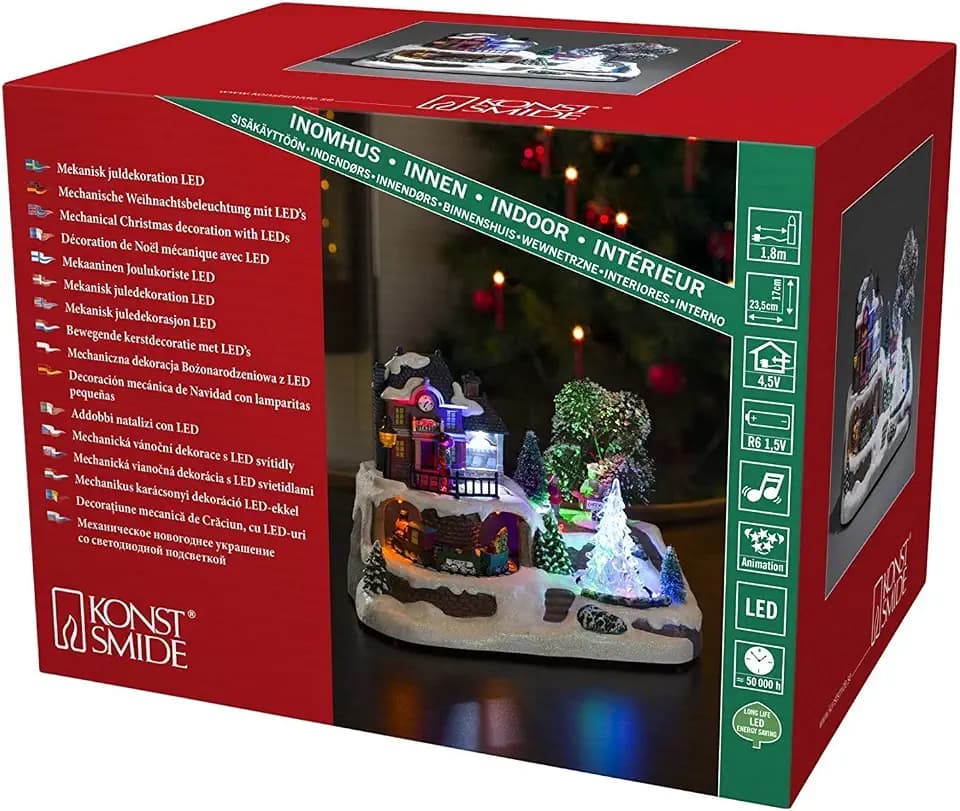 Konstsmide LED Szenerie Bahnhof mit Animation und 8 klassischen Weihnachtsliedern, wählbare Energieversorgung, 9 Bunte Dioden, 4.5V Innentrafo/batteriebetrieben, Innen, transparentes Kabel - 3446-000