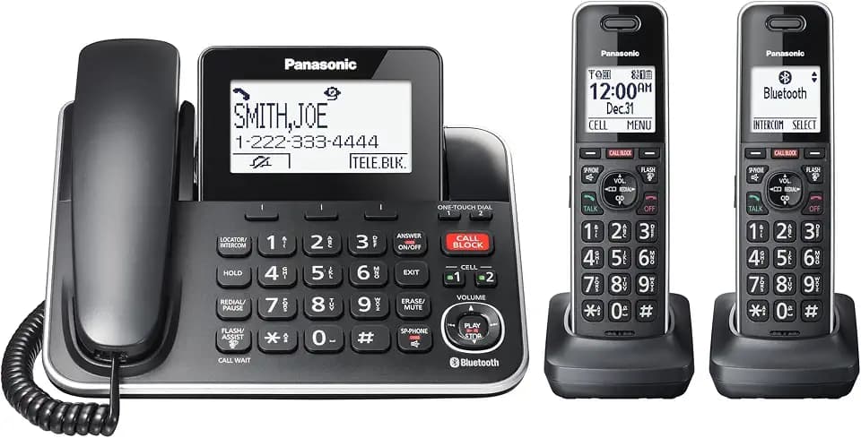 Panasonic Link2Cell Expandable Phone with Digital Answering System & Smart Call Blocker, One Corded Base Unit and Two Cordless Handsets Black - KX-TGF882B