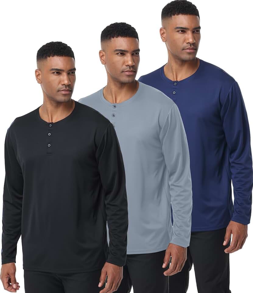 Kinglaman 3 Pack Men's Long Sleeve Henley Shirts Casual Workout T-Shirts