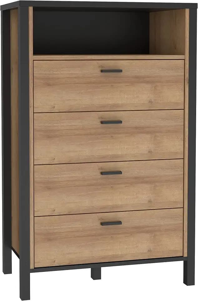 Forte HIGH ROCK Kommode mit 4 Schubladen, Holzwerkstoff, Schwarz/Riviera Eiche, B x H x T: 69,8 x 110,7 x 40,2 cm