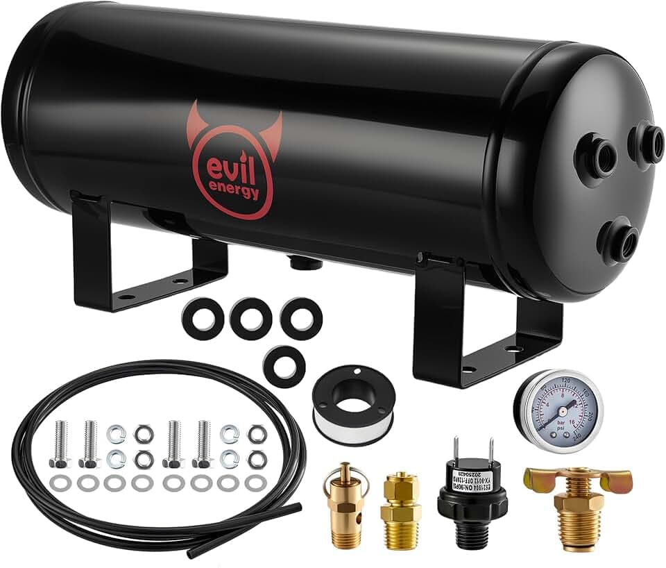 EVIL ENERGY 1.5 Gallon Air Tank Kit 6 Ports 1/4" NPT 150PSI Rated for Truck, Car, Air Horn, Inflating Tires, Suspension Systems, Air Ride, Tires, Train Horn, DIY Pneumatic Tools