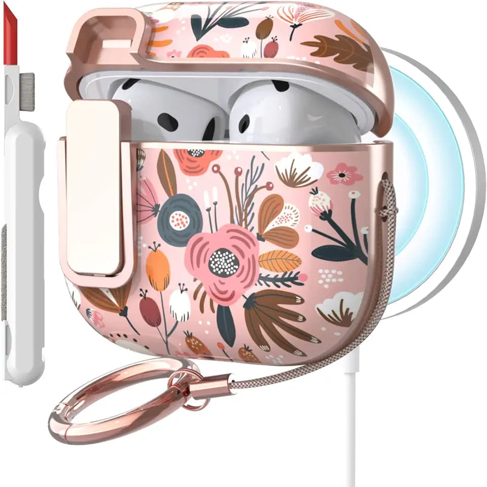TATOFY Cover for AirPods Pro 4th Generation Case with Lock Clip Cleaner Kit Slim Hard AirPod 4 Lock Case Compatible with MagSafe (Pink)