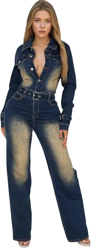 Sexy Button Down Jumpsuit for Women Slim Fit Denim Long Jumpsuits Playsuit Lapel Jeans Rompers Overalls with Pockets