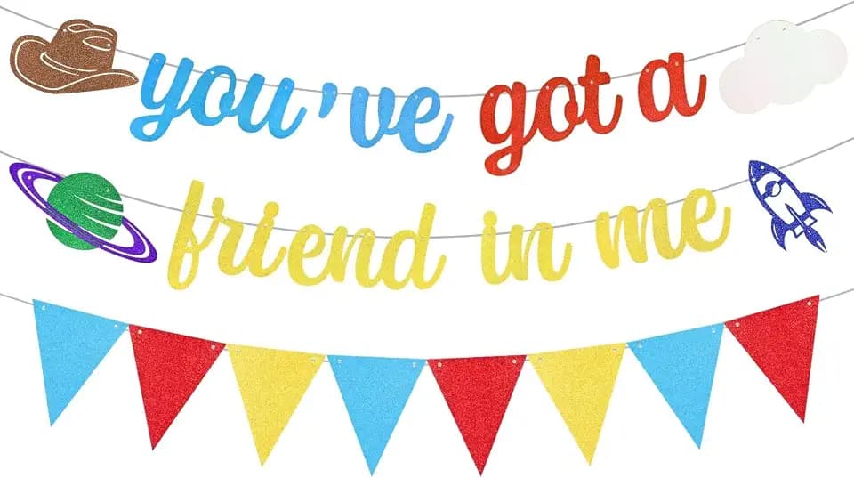 You've Got A Friend in Me Banner Toy Inspired Story Birthday Party Decorations with Yellow Blue Red Glitter Triangle Pennant Flag Streamers Photo Prop