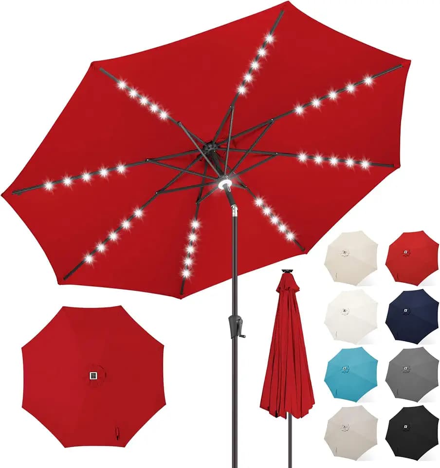 FLAME&SHADE Solar Patio Umbrella with a Centre Light, 9 FT Red