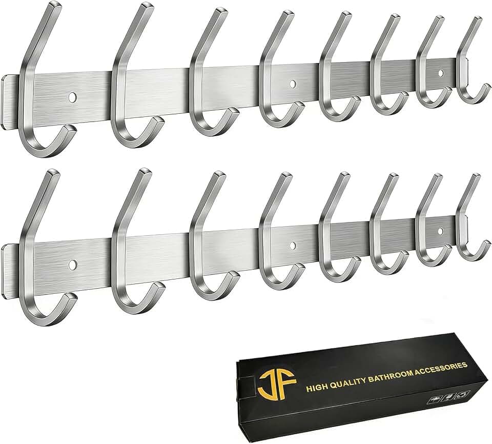 Hakenleiste Rostfrei Edelstahl Garderobenhaken Gebürstete Kleiderhaken Wand Garderobenleiste für Schlafzimmer Bad Küche (Silber, 8 Haken - 2 Stück)