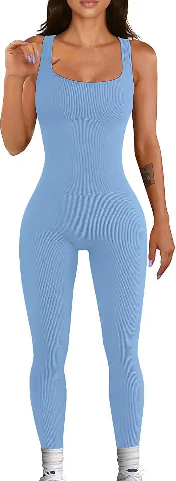YIOIOIO Womens Workout Ribbed Jumpsuit Yoga Square Neck Leggings Romper