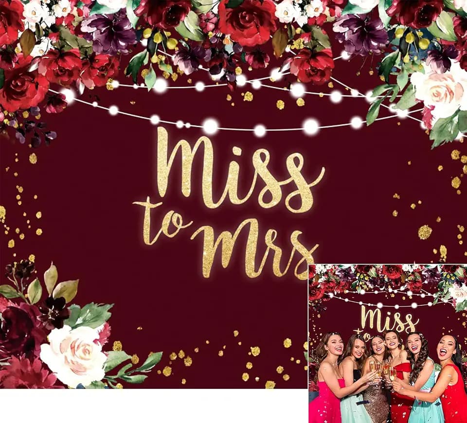 10x8ft Miss to Mrs Bridal Shower Wedding Backdrop Burgundy Red Flowers Gold Dots Glitter Photography Background Bride to Be Anniversary Engagement Party Couples Decoration Banner Photo Booth Props